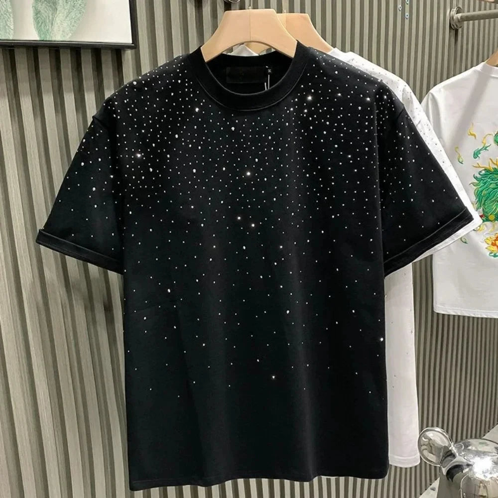 Summer Men Clothing Summer Rhinestone Rivet T-shirt Round Neck Casual T-shirt Korean Version Men's Short Sleeves Tee