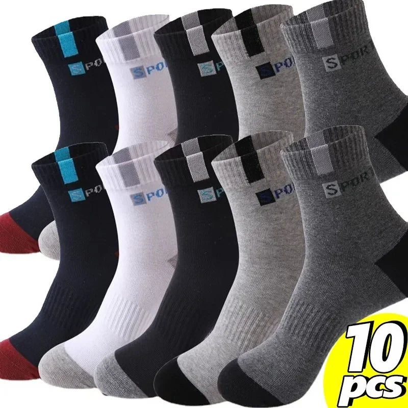 10 Pairs Of Comfortable And Breathable Sports Socks For Men, Fashionable Striped Cotton Sweat