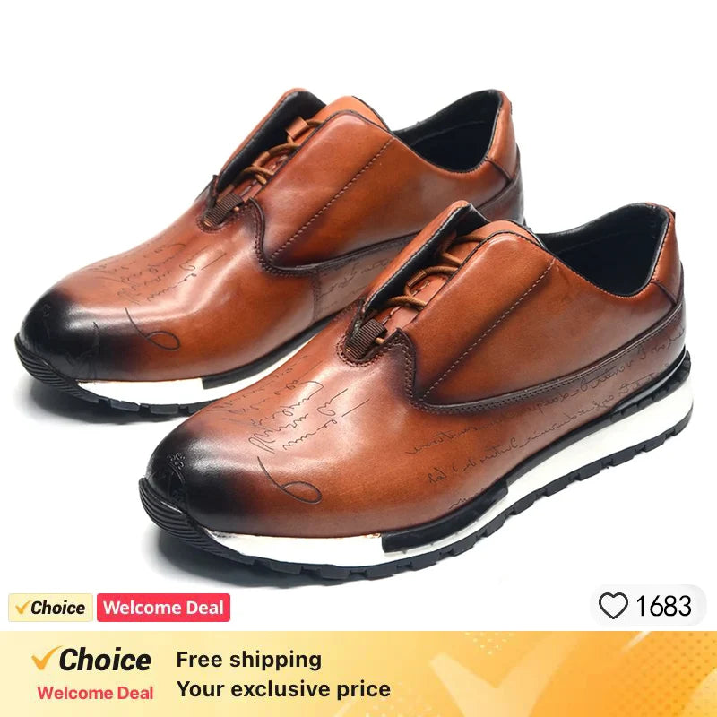 Luxury Handmade Genuine Cowhide Leather Casual Oxfords Mens Dress Shoes Whole-Cut Plain Toe Lace-up Soft Flat Sneakers for Men