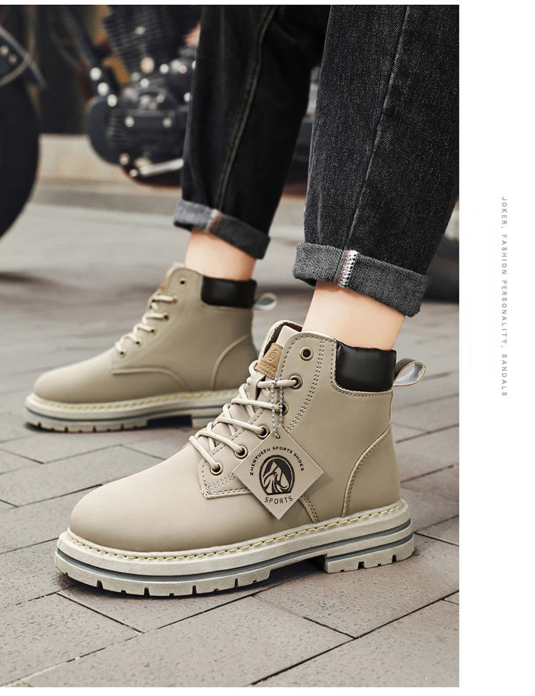 High Top Men's Ankle Boots Designer Luxury Man Motorcycle Boots British Style Leather Boots Brand Lace-Up Men Shoe Botas Hombre