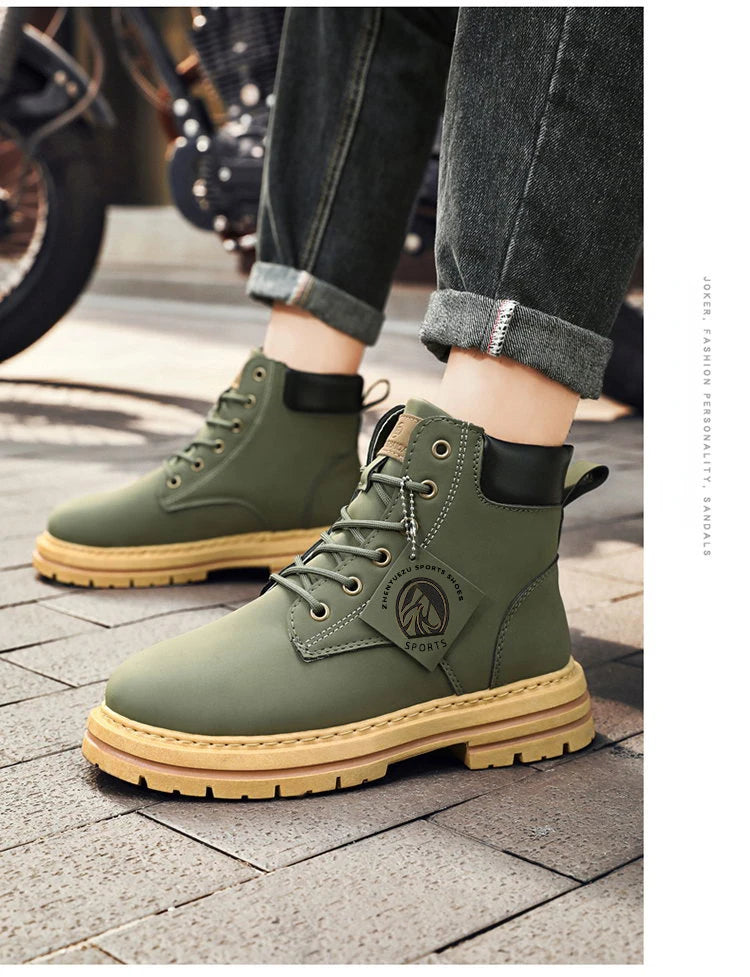 High Top Men's Ankle Boots Designer Luxury Man Motorcycle Boots British Style Leather Boots Brand Lace-Up Men Shoe Botas Hombre