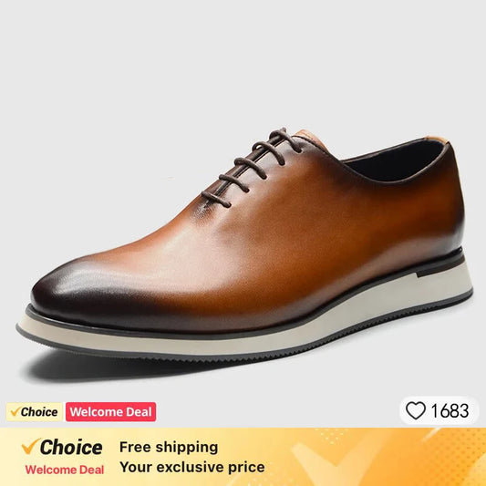 Luxury Handmade Genuine Cowhide Leather Casual Oxfords Mens Dress Shoes Whole-Cut Plain Toe Lace-up Soft Flat Sneakers for Men