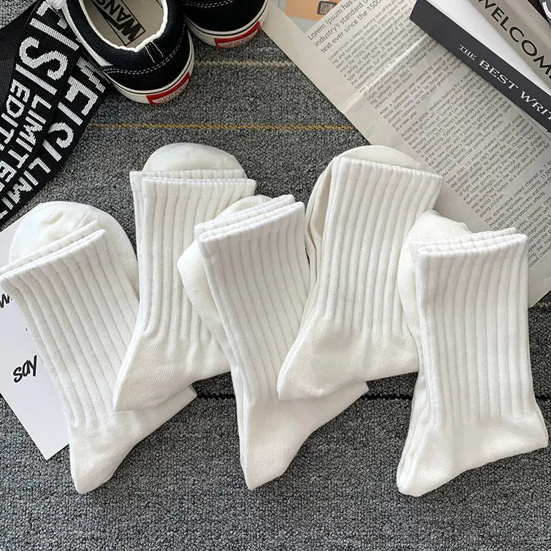 5Pairs of MEN'S AND WOMEN'S Black Cotton Business Mid Length Soft and Warm Autumn/winter Solid Color Casual Socks Christmas Gift