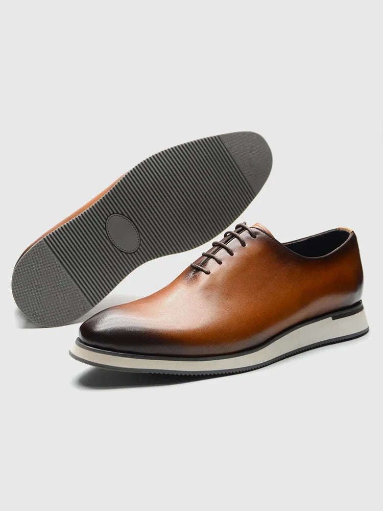 Luxury Handmade Genuine Cowhide Leather Casual Oxfords Mens Dress Shoes Whole-Cut Plain Toe Lace-up Soft Flat Sneakers for Men