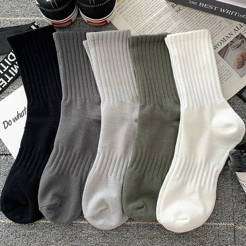 5Pairs of MEN'S AND WOMEN'S Black Cotton Business Mid Length Soft and Warm Autumn/winter Solid Color Casual Socks Christmas Gift