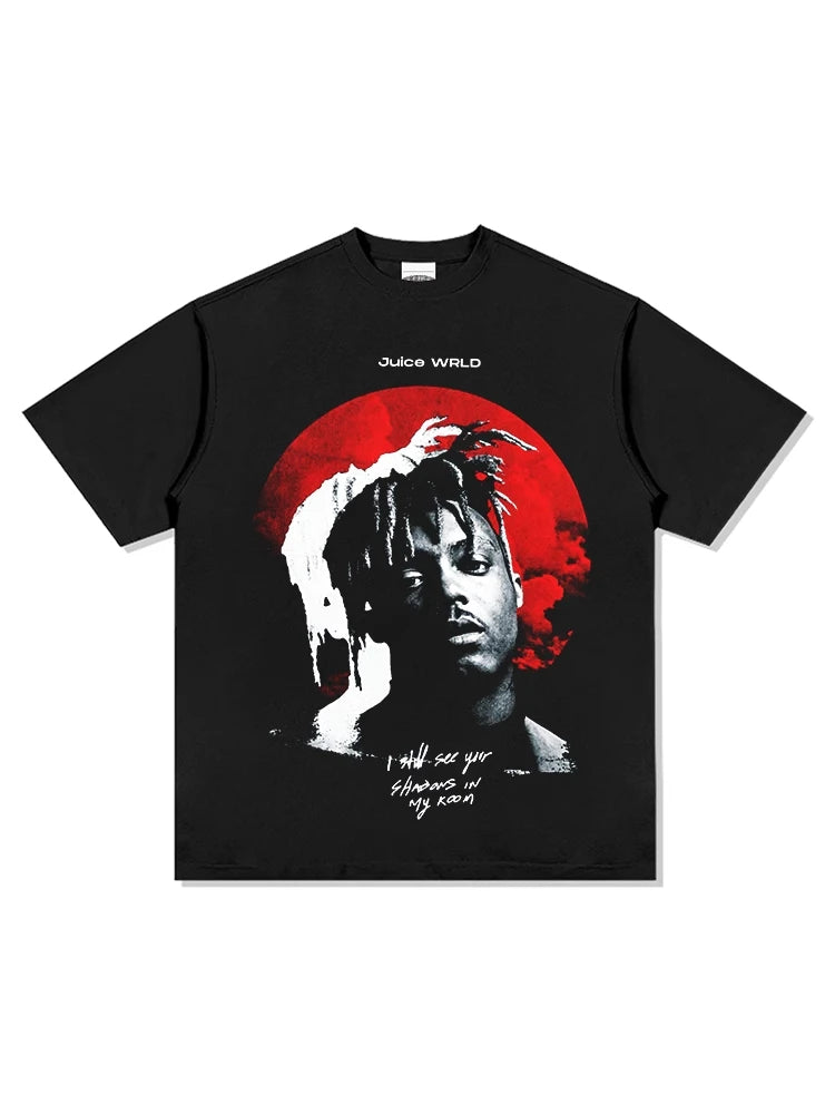 Juice Wrld Hip Hop Characters Print Short Sleeve T-shirt Summer Heavy Loose Men's Top