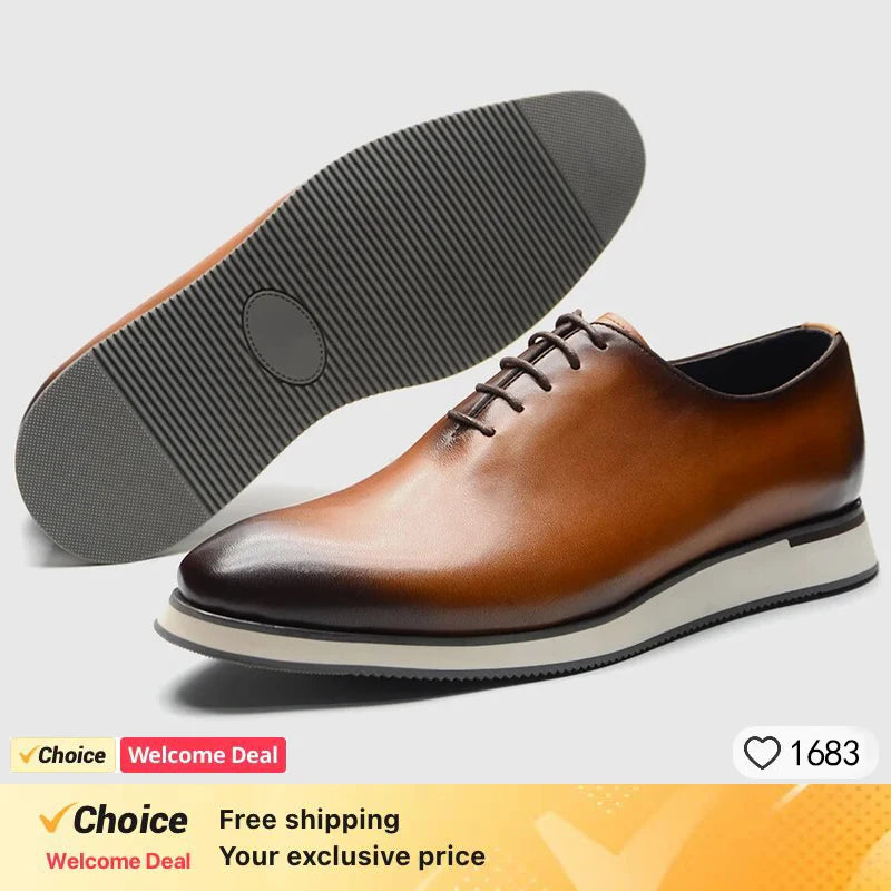 Luxury Handmade Genuine Cowhide Leather Casual Oxfords Mens Dress Shoes Whole-Cut Plain Toe Lace-up Soft Flat Sneakers for Men