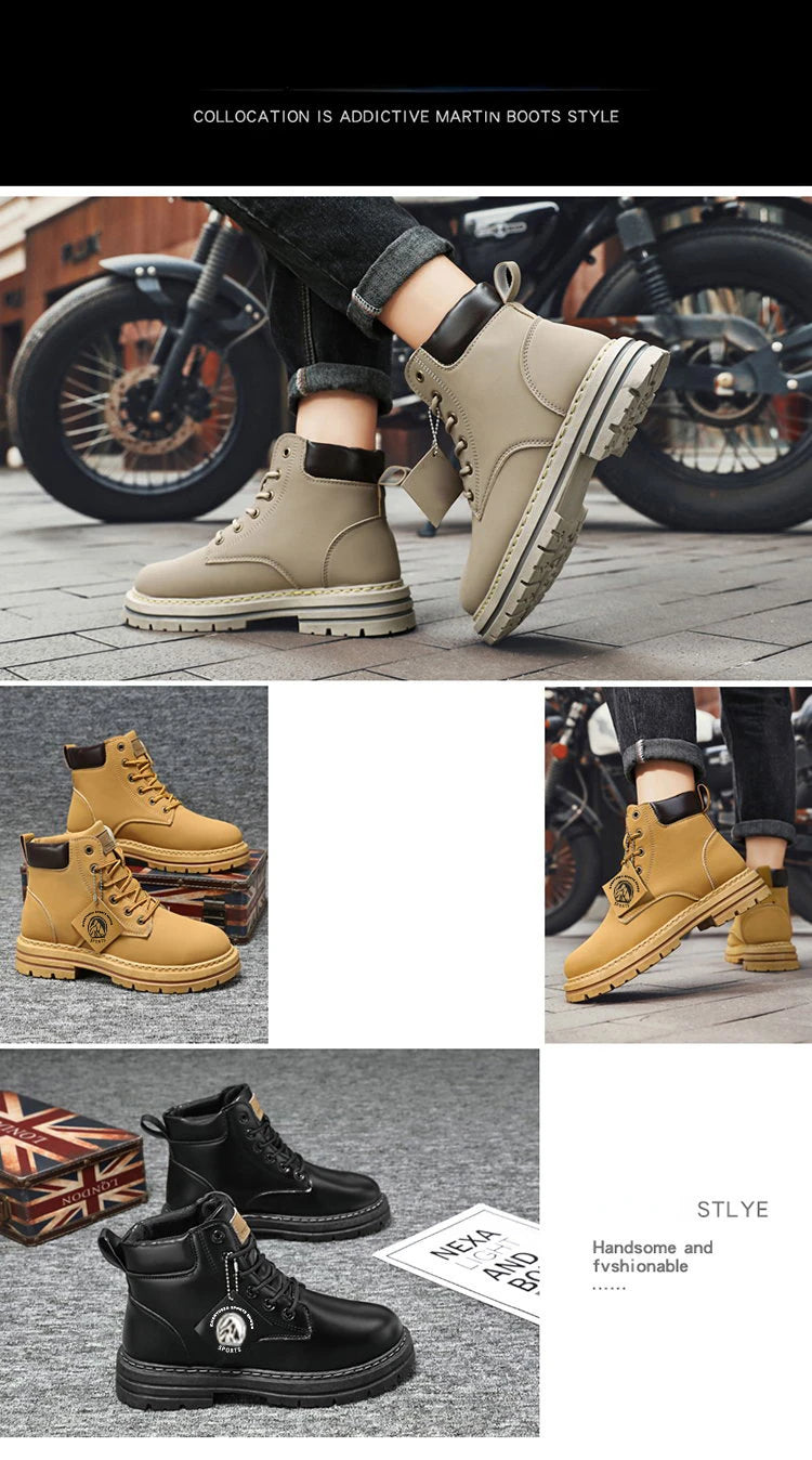 High Top Men's Ankle Boots Designer Luxury Man Motorcycle Boots British Style Leather Boots Brand Lace-Up Men Shoe Botas Hombre