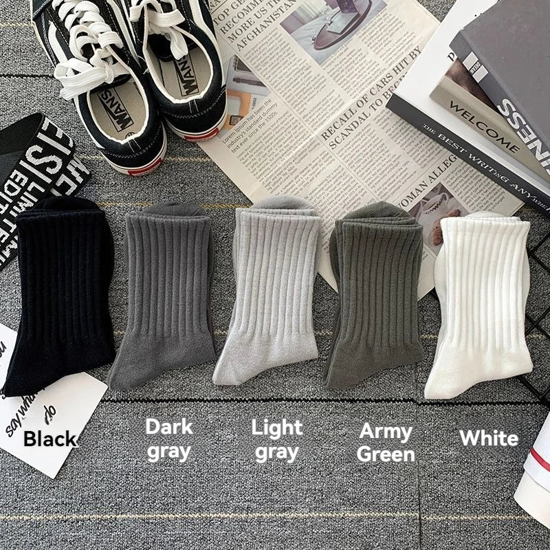 5Pairs of MEN'S AND WOMEN'S Black Cotton Business Mid Length Soft and Warm Autumn/winter Solid Color Casual Socks Christmas Gift