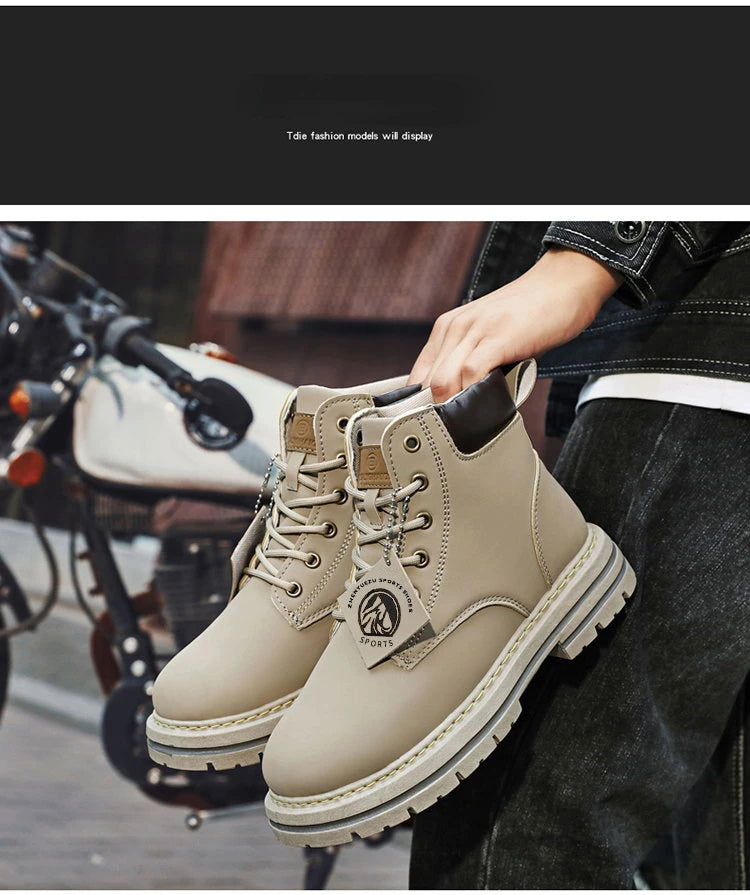 High Top Men's Ankle Boots Designer Luxury Man Motorcycle Boots British Style Leather Boots Brand Lace-Up Men Shoe Botas Hombre