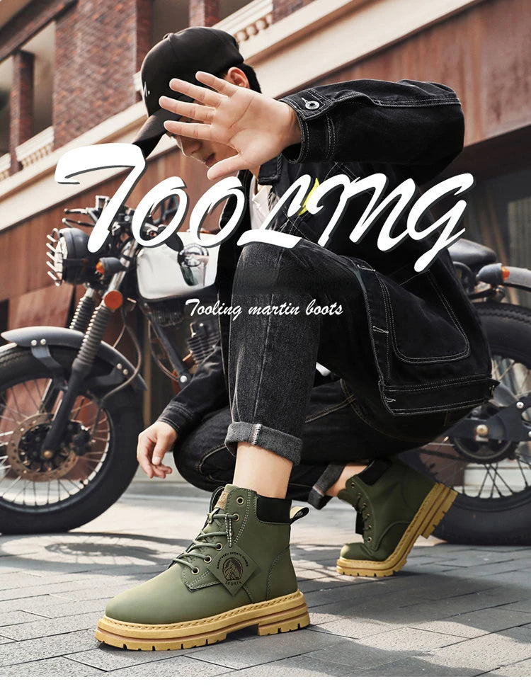 High Top Men's Ankle Boots Designer Luxury Man Motorcycle Boots British Style Leather Boots Brand Lace-Up Men Shoe Botas Hombre