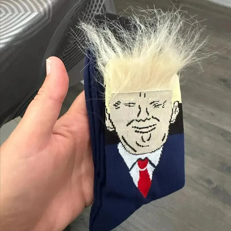 Donald Trump President Socks With 3D Fake Hair Men Crew Socks Mens Compression Sock Streetwear Novelty Hip Hop Spoof Funny Socks