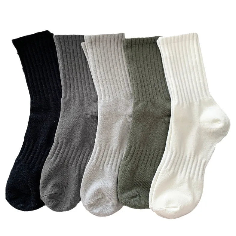 5Pairs of MEN'S AND WOMEN'S Black Cotton Business Mid Length Soft and Warm Autumn/winter Solid Color Casual Socks Christmas Gift