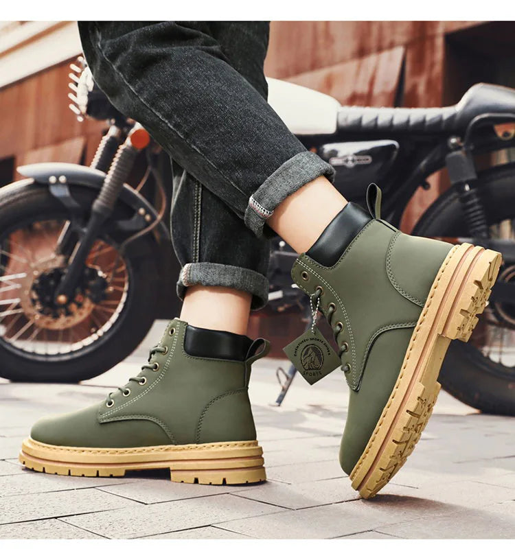 High Top Men's Ankle Boots Designer Luxury Man Motorcycle Boots British Style Leather Boots Brand Lace-Up Men Shoe Botas Hombre