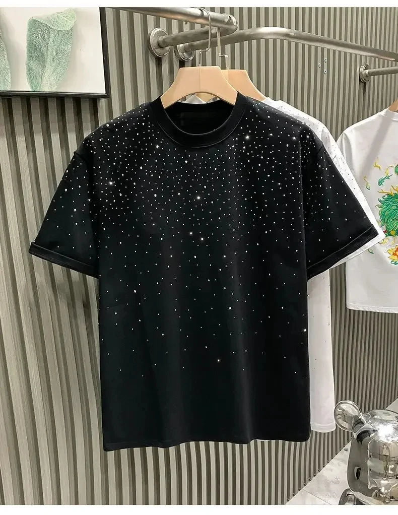 Summer Men Clothing Summer Rhinestone Rivet T-shirt Round Neck Casual T-shirt Korean Version Men's Short Sleeves Tee