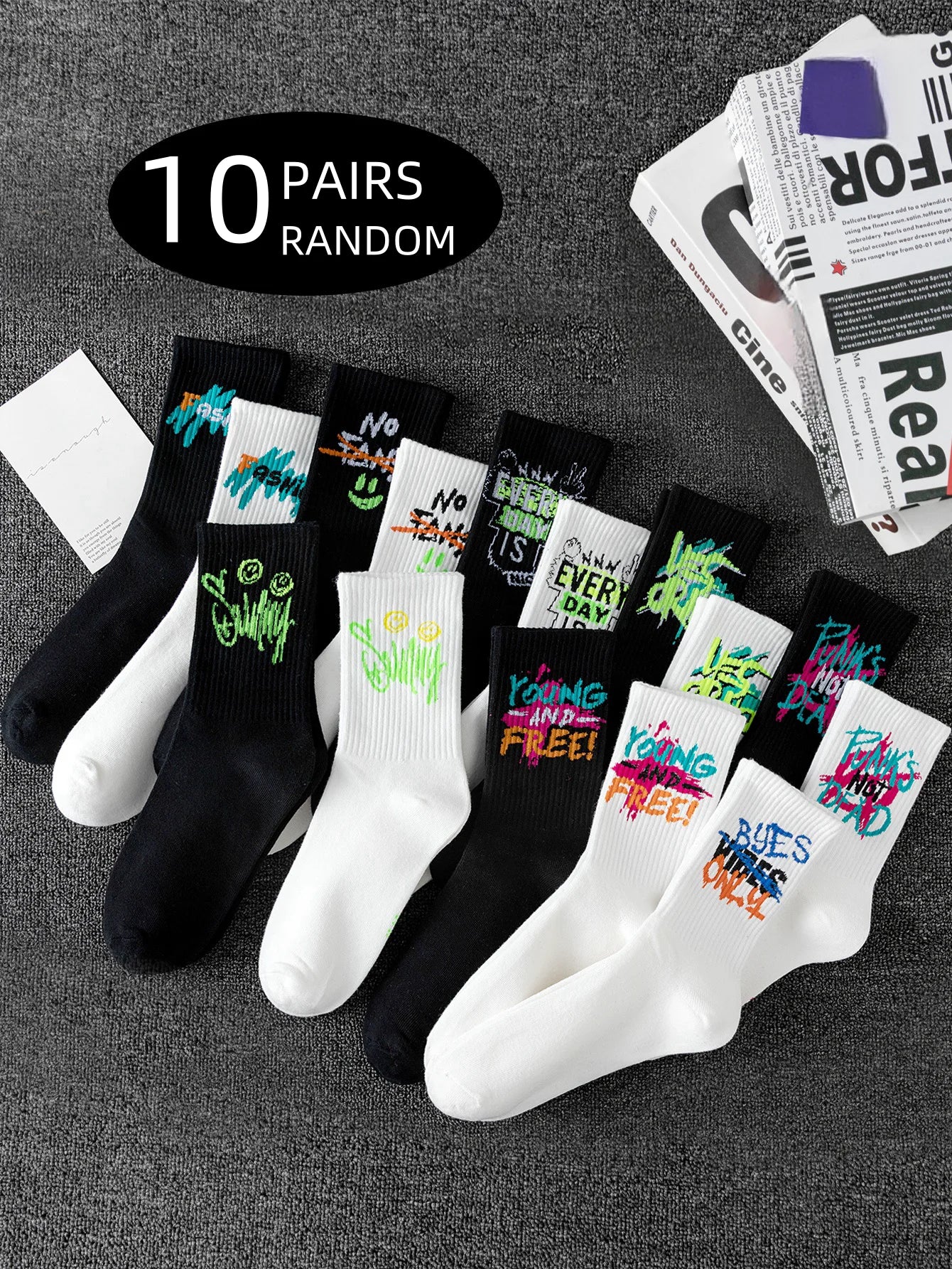 10 pairs of random style men's mid-calf socks with graffiti designs, versatile and casual sports style, soft and comfortable, mo