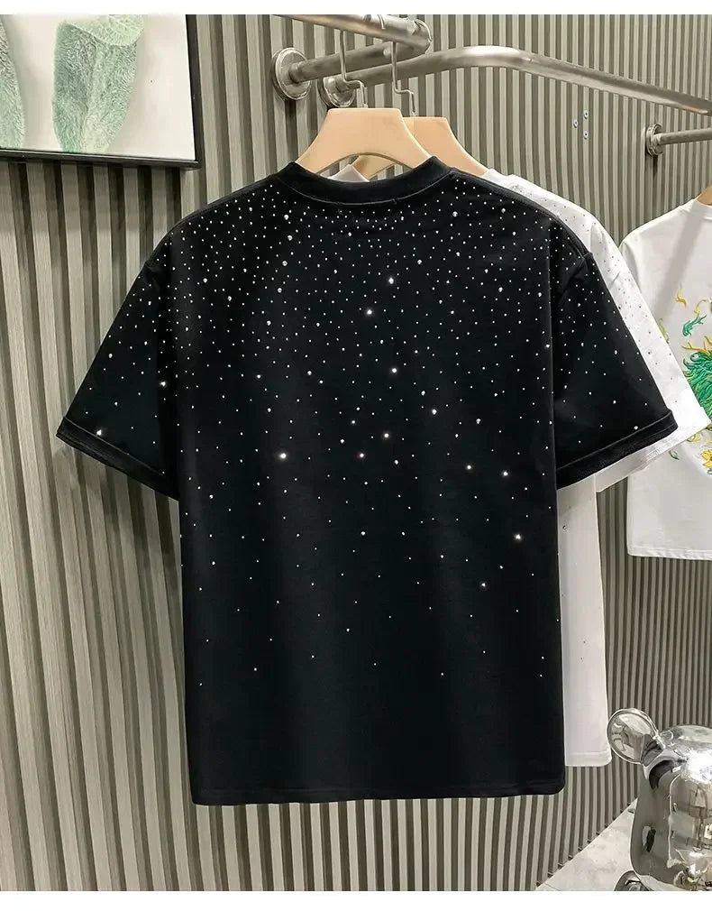 Summer Men Clothing Summer Rhinestone Rivet T-shirt Round Neck Casual T-shirt Korean Version Men's Short Sleeves Tee