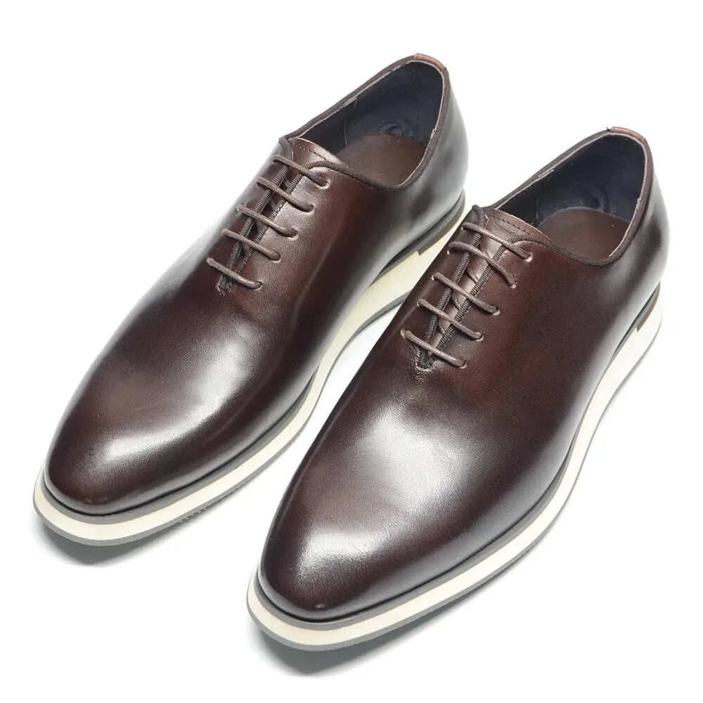 Luxury Handmade Genuine Cowhide Leather Casual Oxfords Mens Dress Shoes Whole-Cut Plain Toe Lace-up Soft Flat Sneakers for Men