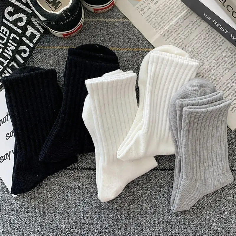 5Pairs of MEN'S AND WOMEN'S Black Cotton Business Mid Length Soft and Warm Autumn/winter Solid Color Casual Socks Christmas Gift