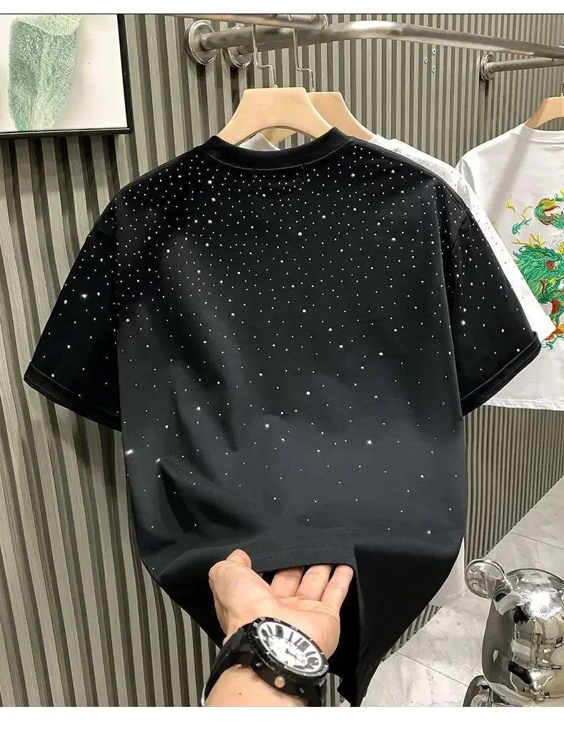 Summer Men Clothing Summer Rhinestone Rivet T-shirt Round Neck Casual T-shirt Korean Version Men's Short Sleeves Tee