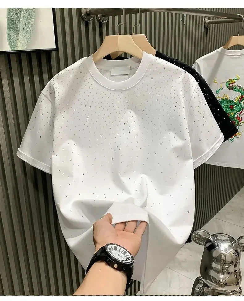 Summer Men Clothing Summer Rhinestone Rivet T-shirt Round Neck Casual T-shirt Korean Version Men's Short Sleeves Tee