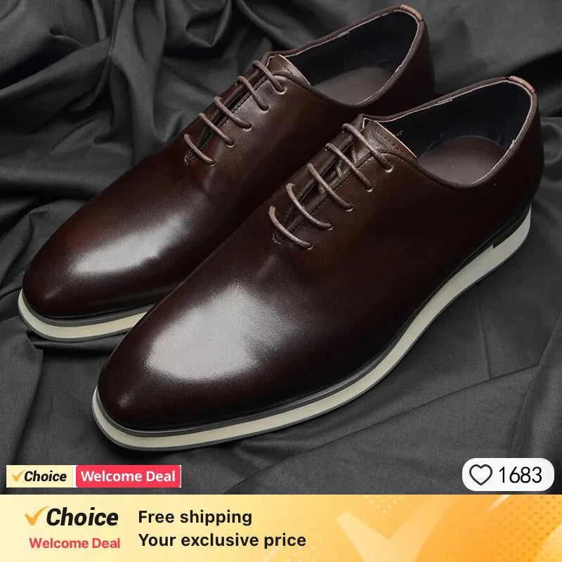 Luxury Handmade Genuine Cowhide Leather Casual Oxfords Mens Dress Shoes Whole-Cut Plain Toe Lace-up Soft Flat Sneakers for Men