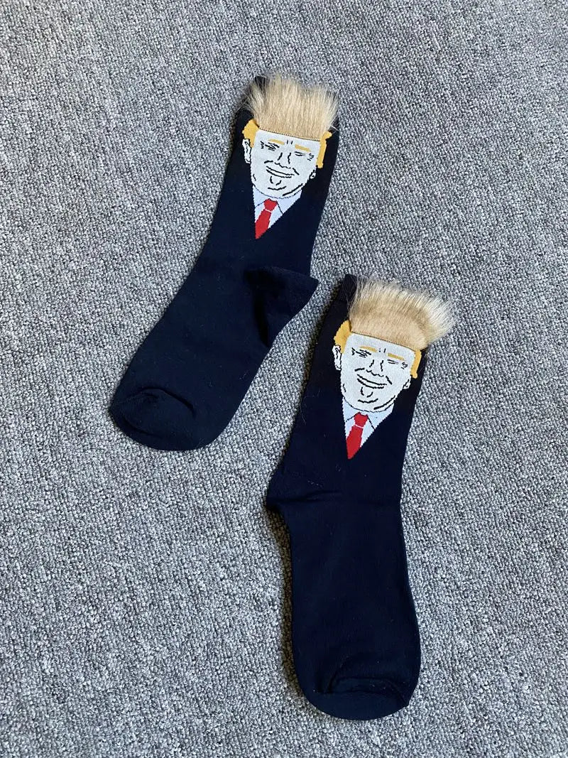 Donald Trump President Socks With 3D Fake Hair Men Crew Socks Mens Compression Sock Streetwear Novelty Hip Hop Spoof Funny Socks