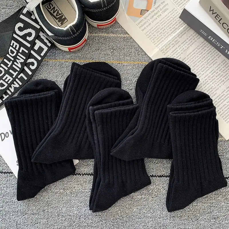 5Pairs of MEN'S AND WOMEN'S Black Cotton Business Mid Length Soft and Warm Autumn/winter Solid Color Casual Socks Christmas Gift