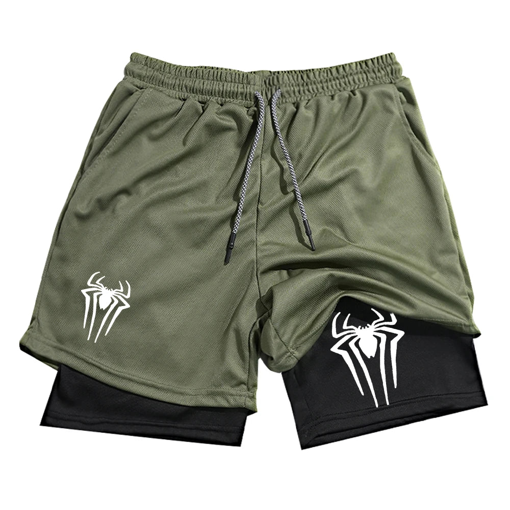 Y2K Performance Shorts Men Spider Printed GYM Casual Sports Compression Shorts Workout Running Mesh 2 In 1 Sport Short Pants