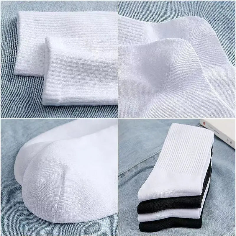 5 Pairs Men Crew Socks Black And White Middle Tube Streetwear Soft Breathable Cotton Casual Socks