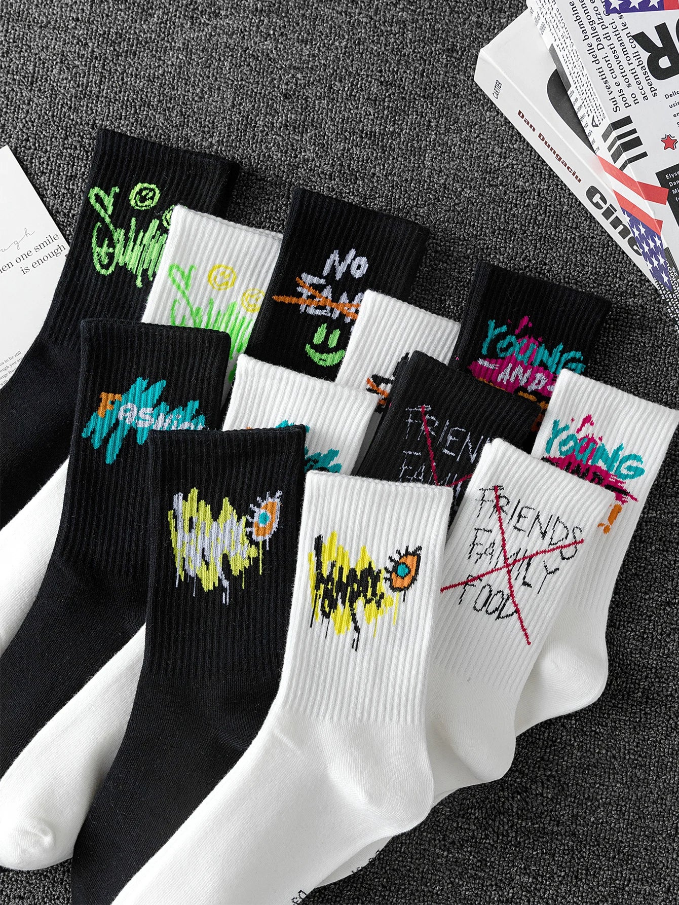 10 pairs of random style men's mid-calf socks with graffiti designs, versatile and casual sports style, soft and comfortable, mo